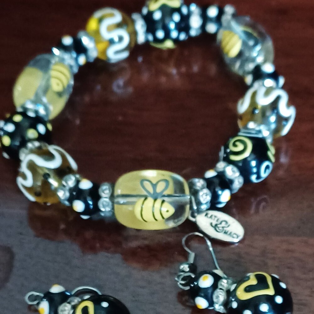 Yellow and Black Bug Hand-Painted bead Charm Bracelet
